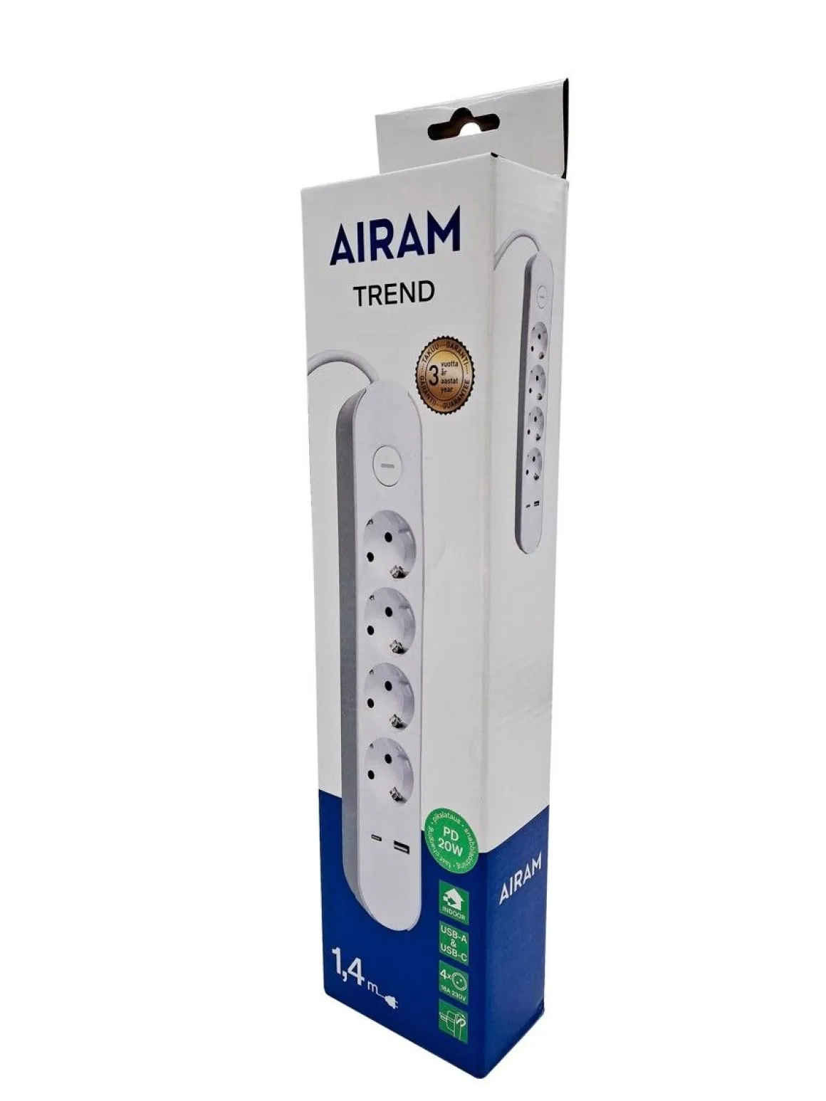 AIRAM TREND JATKOJOHTO 4-OS+2USB 1,4M VALKOINEN