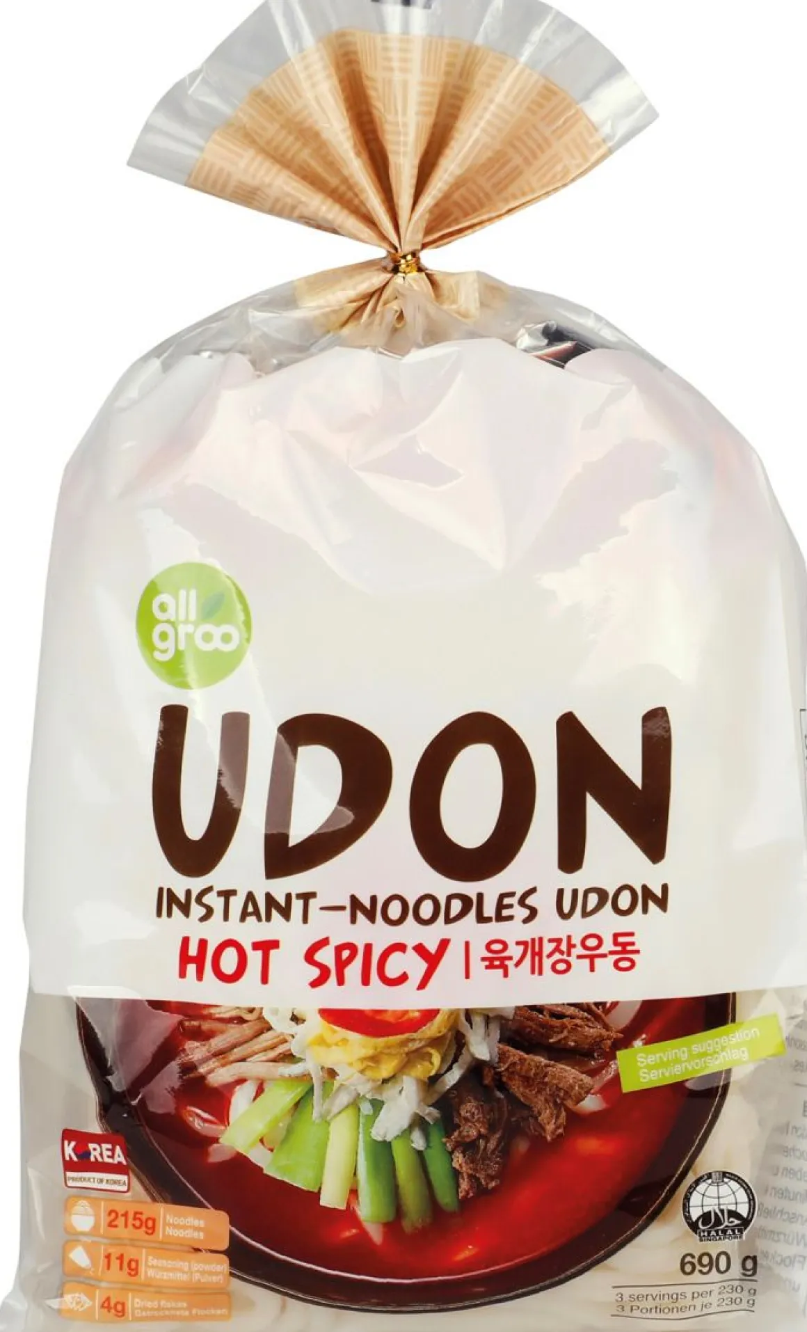 ALLGROO UDON NOODLES SPICY BEEF 3 PORTION 690 G