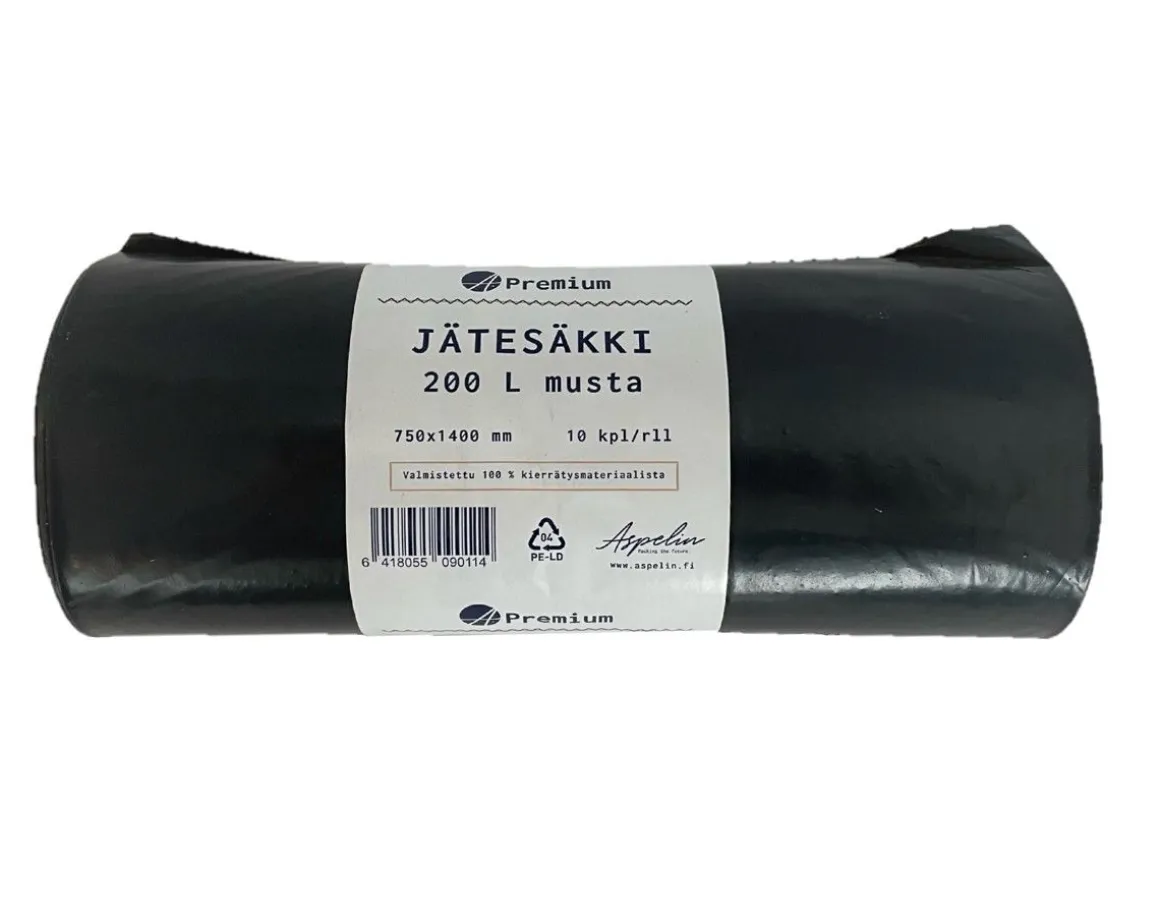A.PREMIUM VAHVA JÄTESÄKKI 200 L MUSTA 750X1400 MM 10 KPL