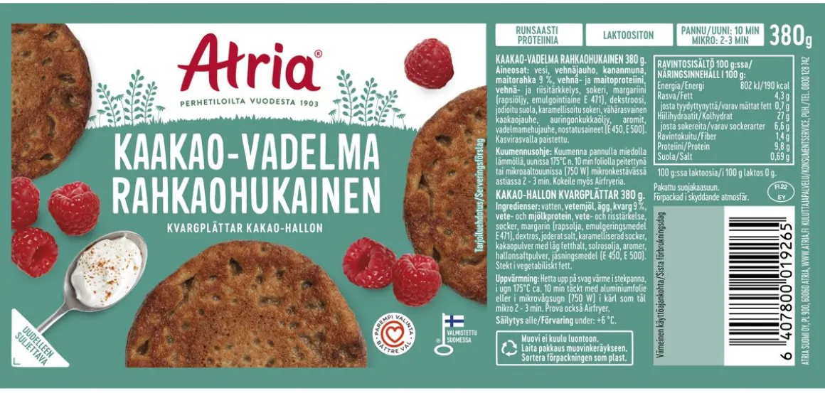 ATRIA RAHKAOHUKAINEN KAAKAO-VADELMA 380 G