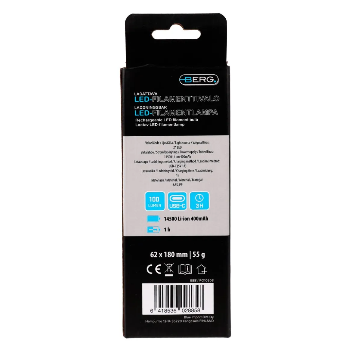 BERG LED-FILAMENTTIVALO LADATTAVA 100LM KARABIINILLA MUSTA