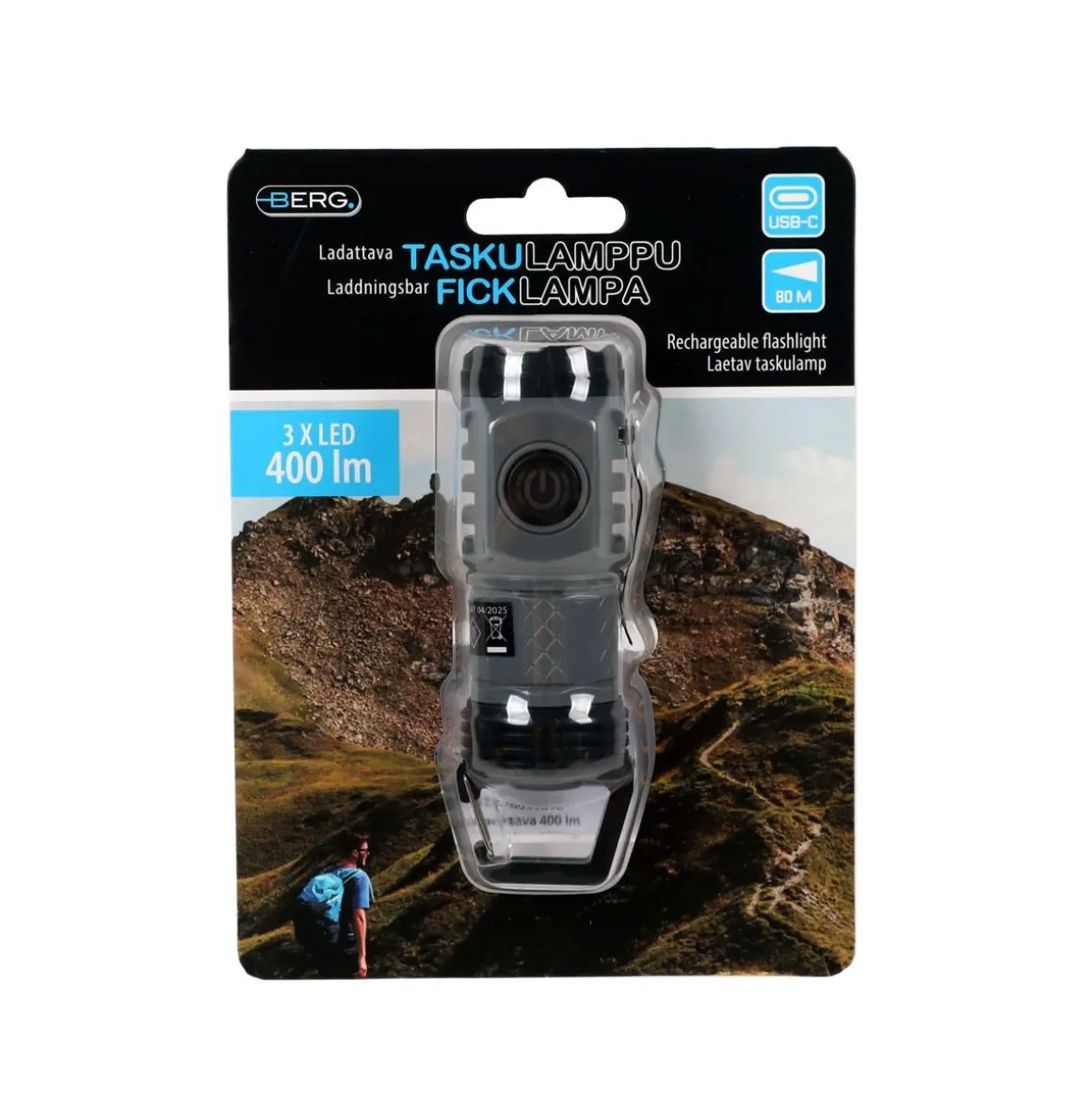 BERG TASKULAMPPU LADATTAVA MINI 400LM HARMAA, KLIPSI