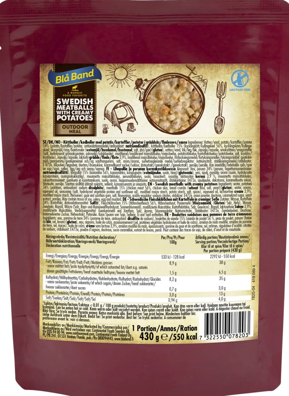 BLÅ BAND OUTDOOR MEAL LIHAPULLA JA PERUNAA KERMAKASTIKKEESSA LT 430 G