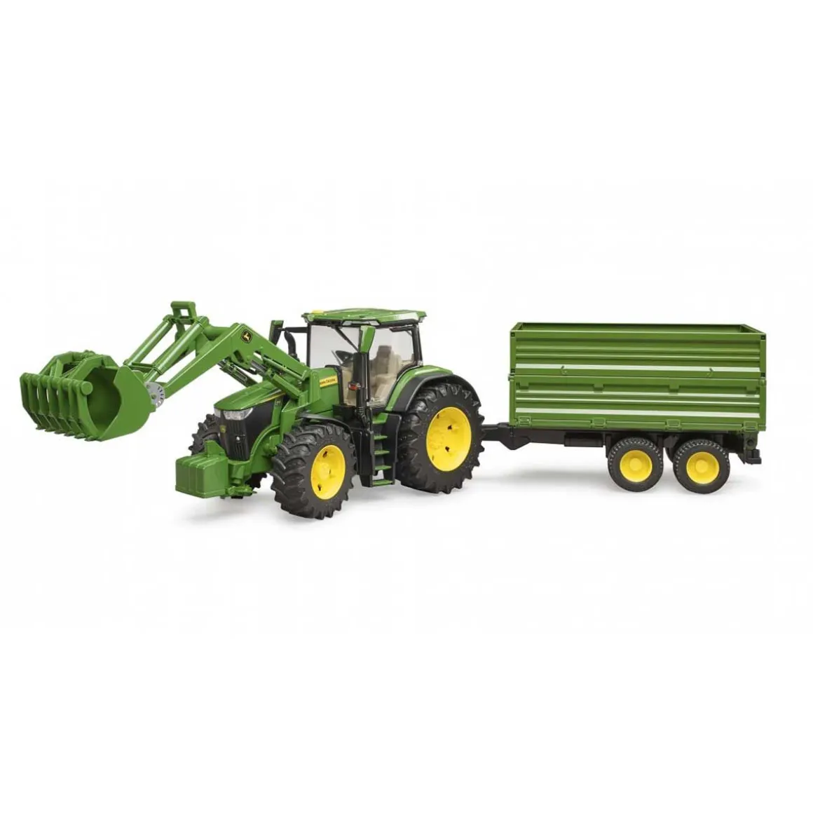 BRUDER BR3155 JOHN DEERE 7R 350 ETUKUORMAAJALLA JA PERÄVAUNULLA