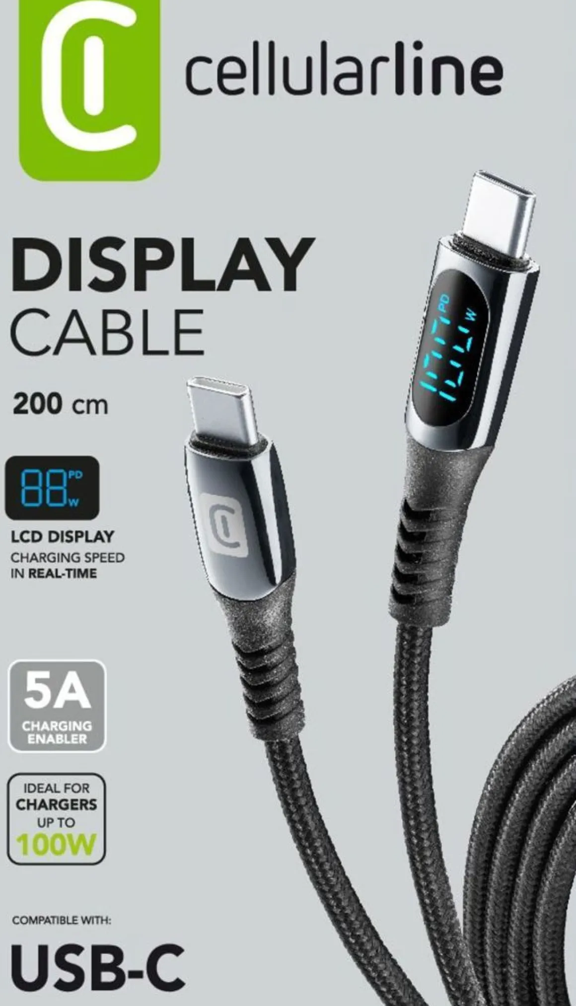 CELLULARLINE DISPLAY KAAPELI 200CM - USB-C LCD NÄYTÖLLÄ