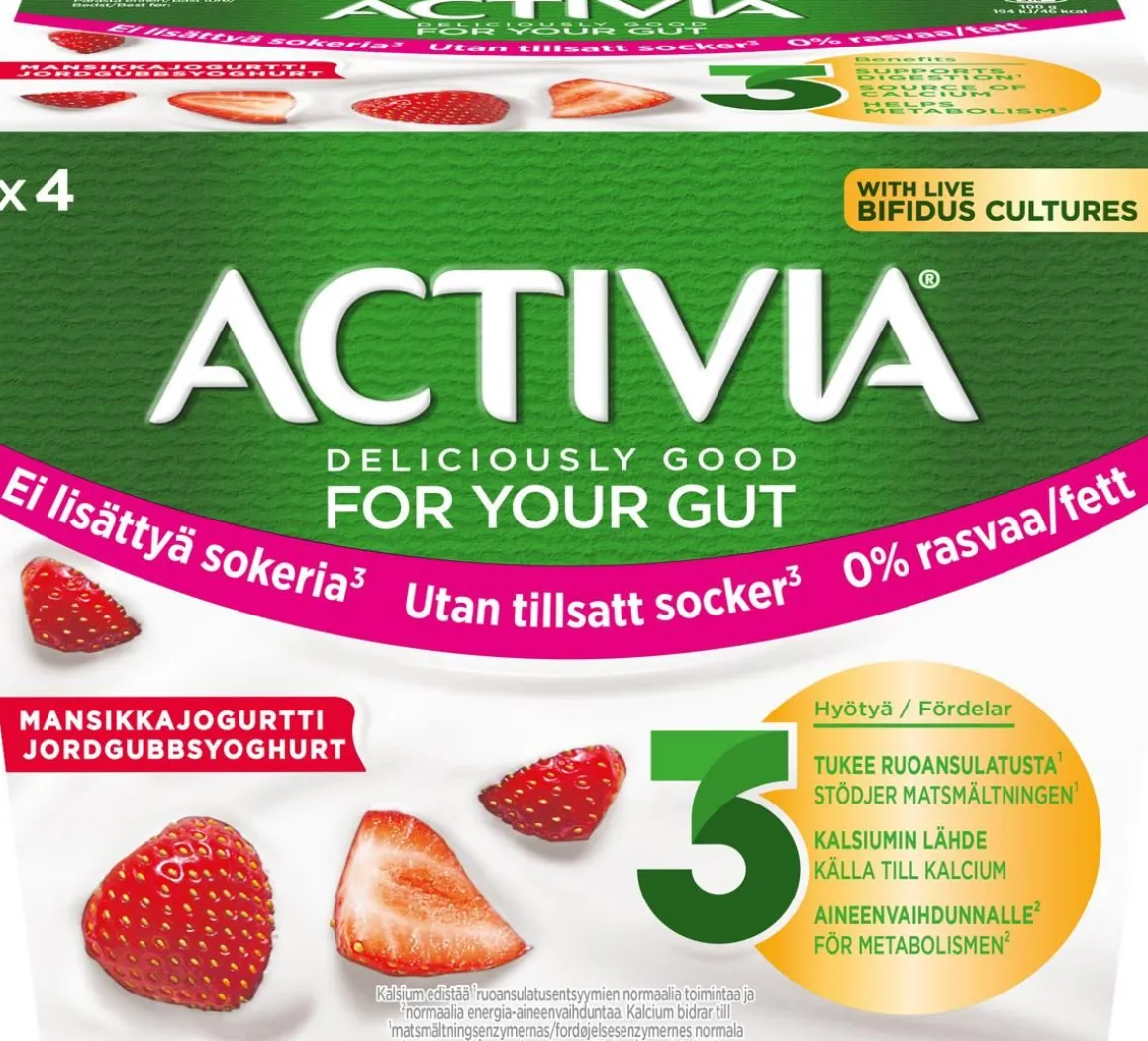 DANONE ACTIVIA MANSIKKA EI LISÄTTYÄ SOKERIA 0% RASVAA 4*125G 5