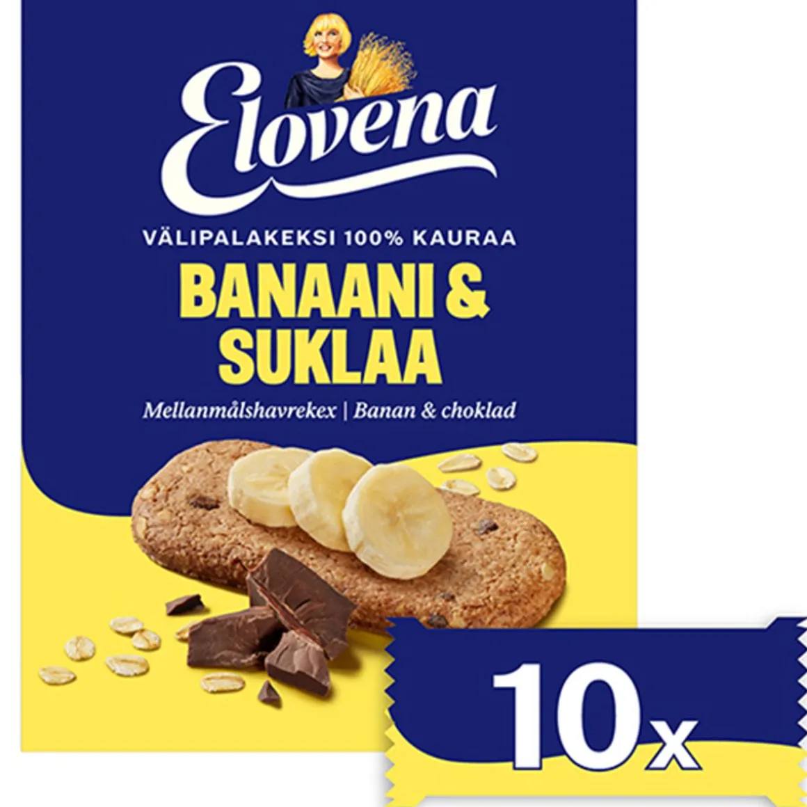 ELOVENA BANAANI-SUKLAA VÄLIPALA KEKSI 100% KAURAA 10-PACK 300 G