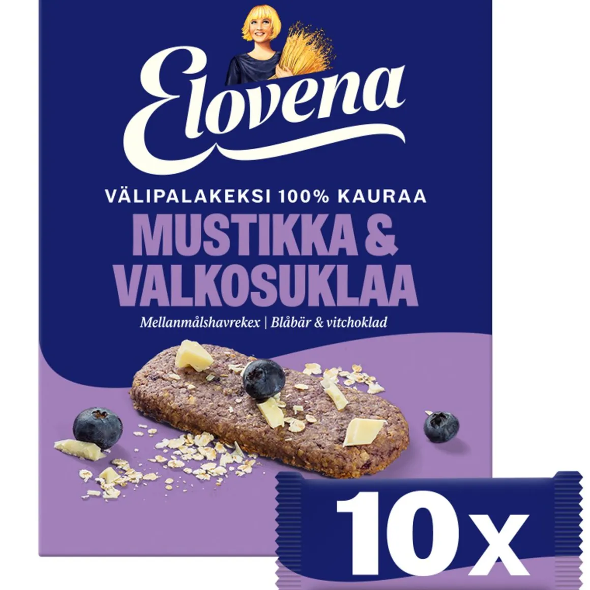 ELOVENA MUSTIKKA-VALKOSUKLAA VÄLIPALAKEKSI 100% KAURAA 10-PACK 3