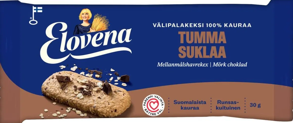 ELOVENA TUMMA SUKLAA VÄLIPALAKEKSI 100% KAURAA 30 G