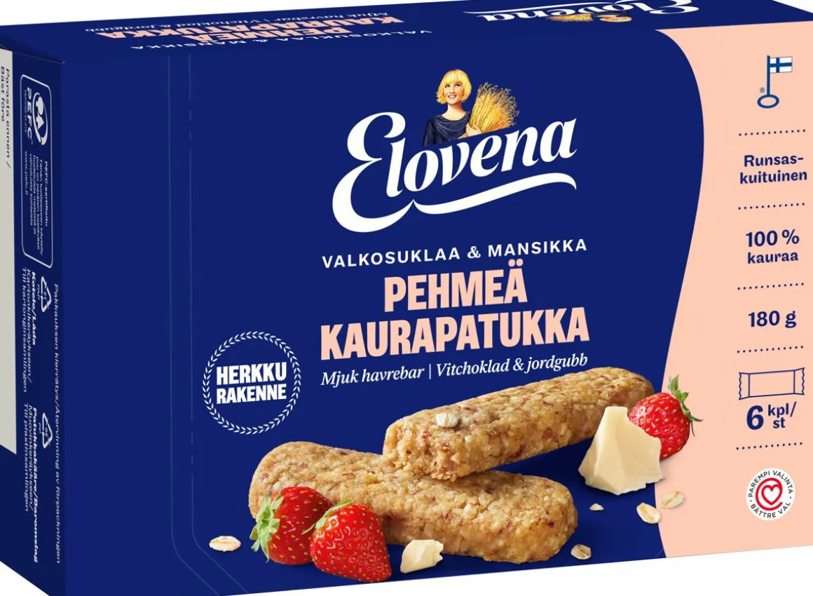 ELOVENA VALKOSUKLAA-MANSIKKA PEHMEÄ KAURAPATUKKA 6-PACK 180 G