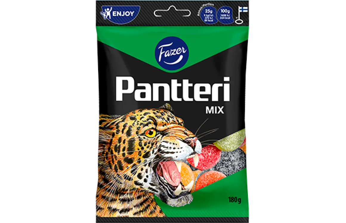 FAZER PANTTERI MIX HEDELMÄ- JA SALMIAKKIKARKKIPUSSI 180 G