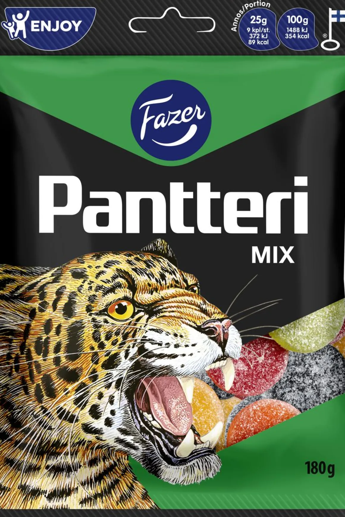 FAZER PANTTERI MIX HEDELMÄ- JA SALMIAKKIKARKKIPUSSI 180 G