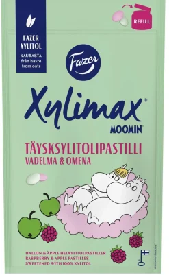 FAZER XYLIMAX MOOMIN VADELMA JA OMENA TÄYSKSYLITOLIPASTILLIT 85 85