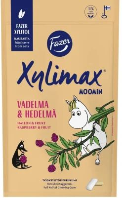 FAZER XYLIMAX MOOMIN VADELMA- HEDELMÄ TÄYSKSYLITOLIPURUKUMI 100 G
