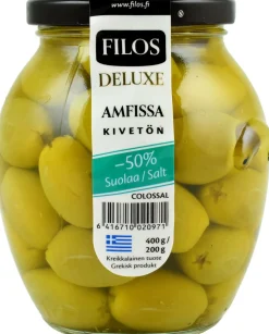 FILOS DELUXE VIHREÄ OLIIVI KIVETÖN -50%SUOLAA 400/200G 200 G