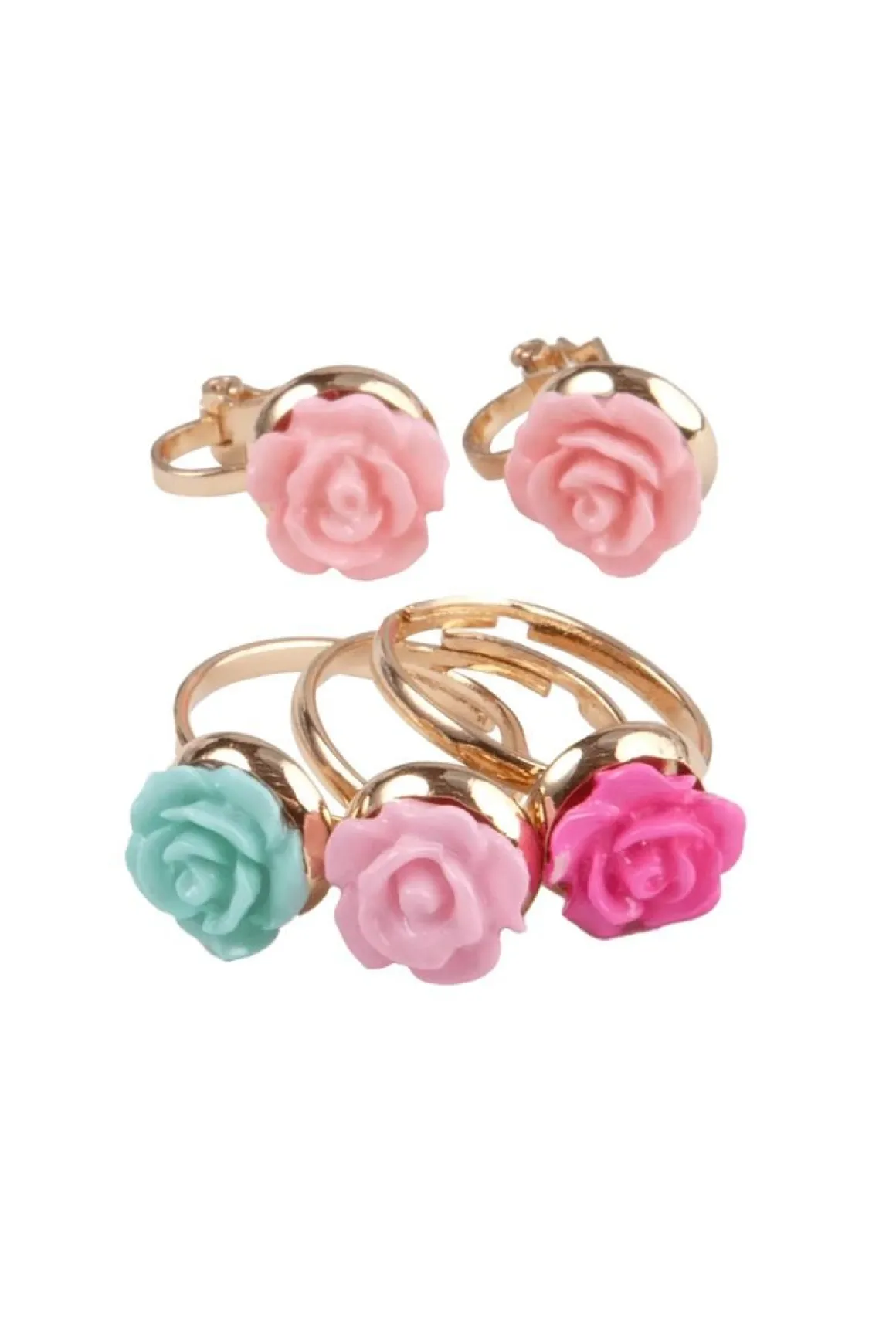 GREAT PRETENDERS BOUTIQUE ROSE RINGS & EARRING SET, 3 RINGS