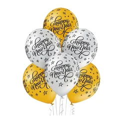 HAPPY NEW YEAR ILMAPALLO 30CM HOPEA-KULTA 6 KPL/PSS