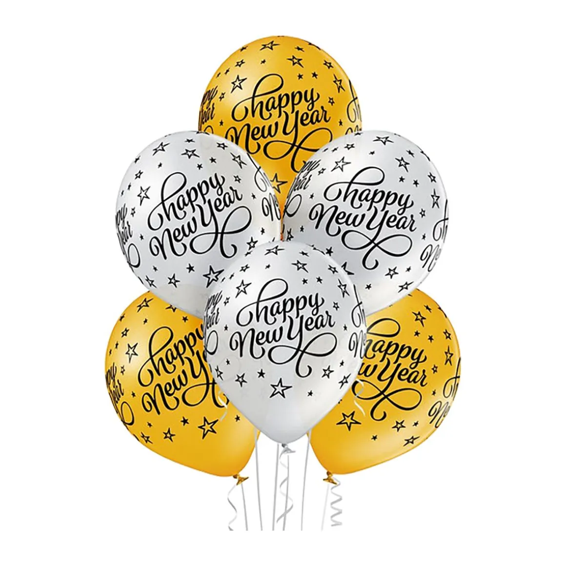HAPPY NEW YEAR ILMAPALLO 30CM HOPEA-KULTA 6 KPL/PSS