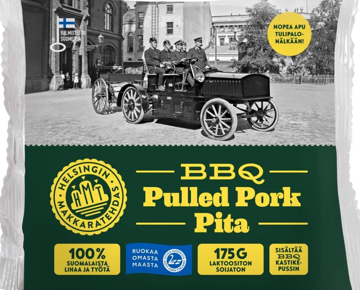 HELSINGIN MAKKARATEHDAS PULLED PORK PITA + BBQ-KASTIKE 175 G