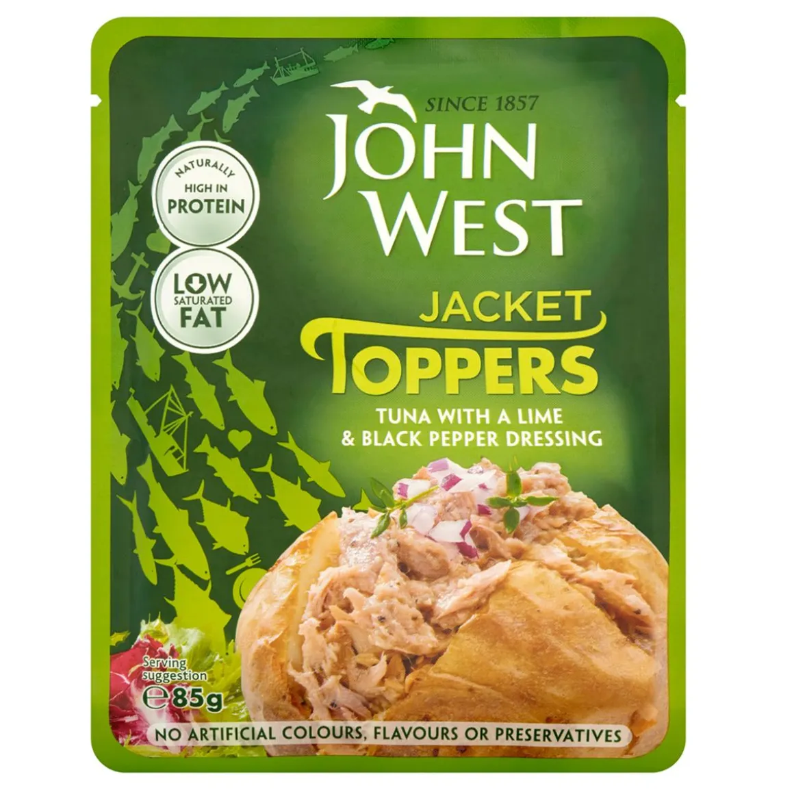 JOHN WEST TONNIKALAA LIME-MUSTAPIPPURIKASTIKKEESSA 85 G