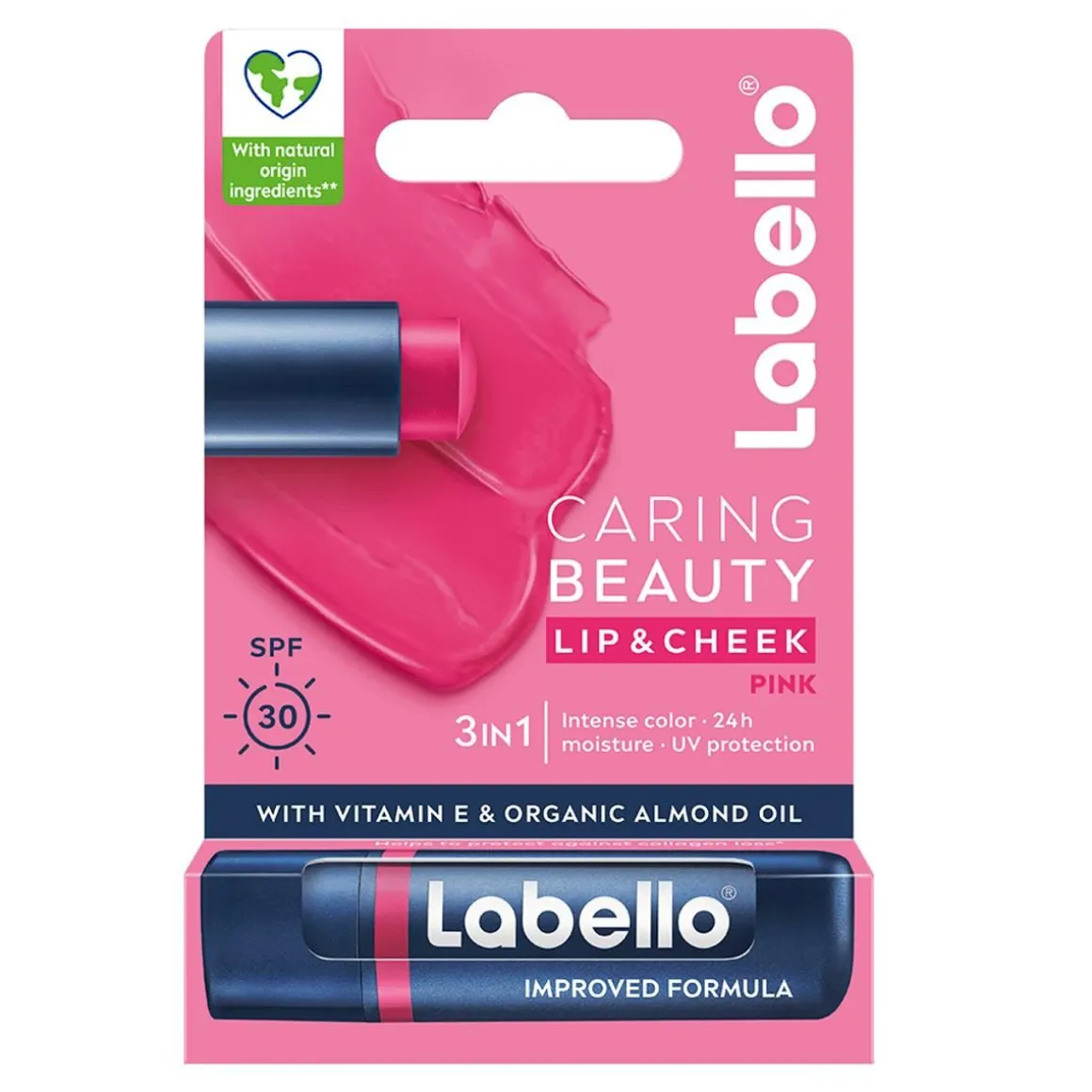LABELLO CARING BEAUTY PINK SÄVYTTÄVÄ VOIDE HUULILLE JA POSKILL