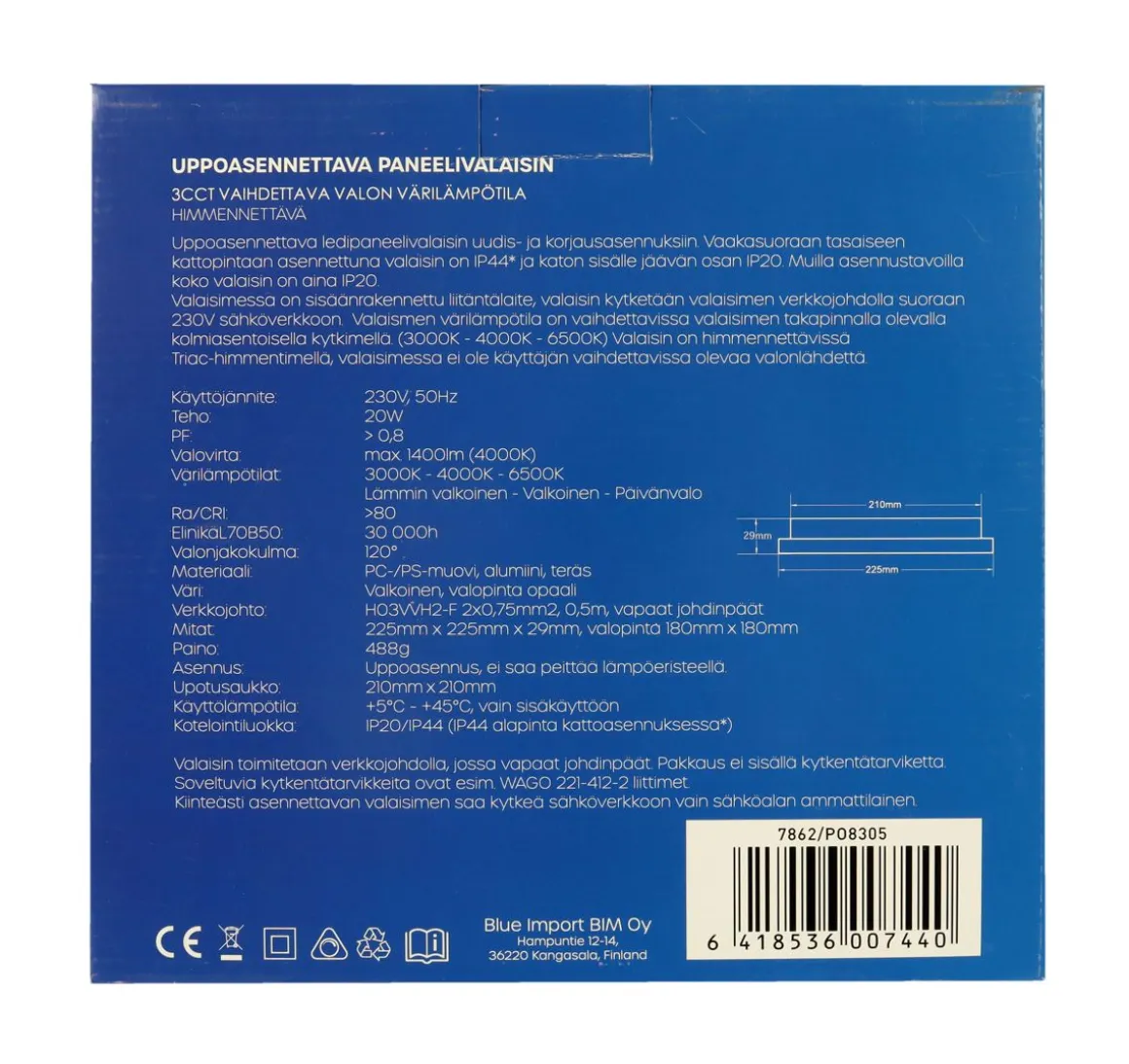 LED ENERGIE PANEELIVALAISIN LED 20W, 1400LM, UPPO, 3CCT+HIMMENN