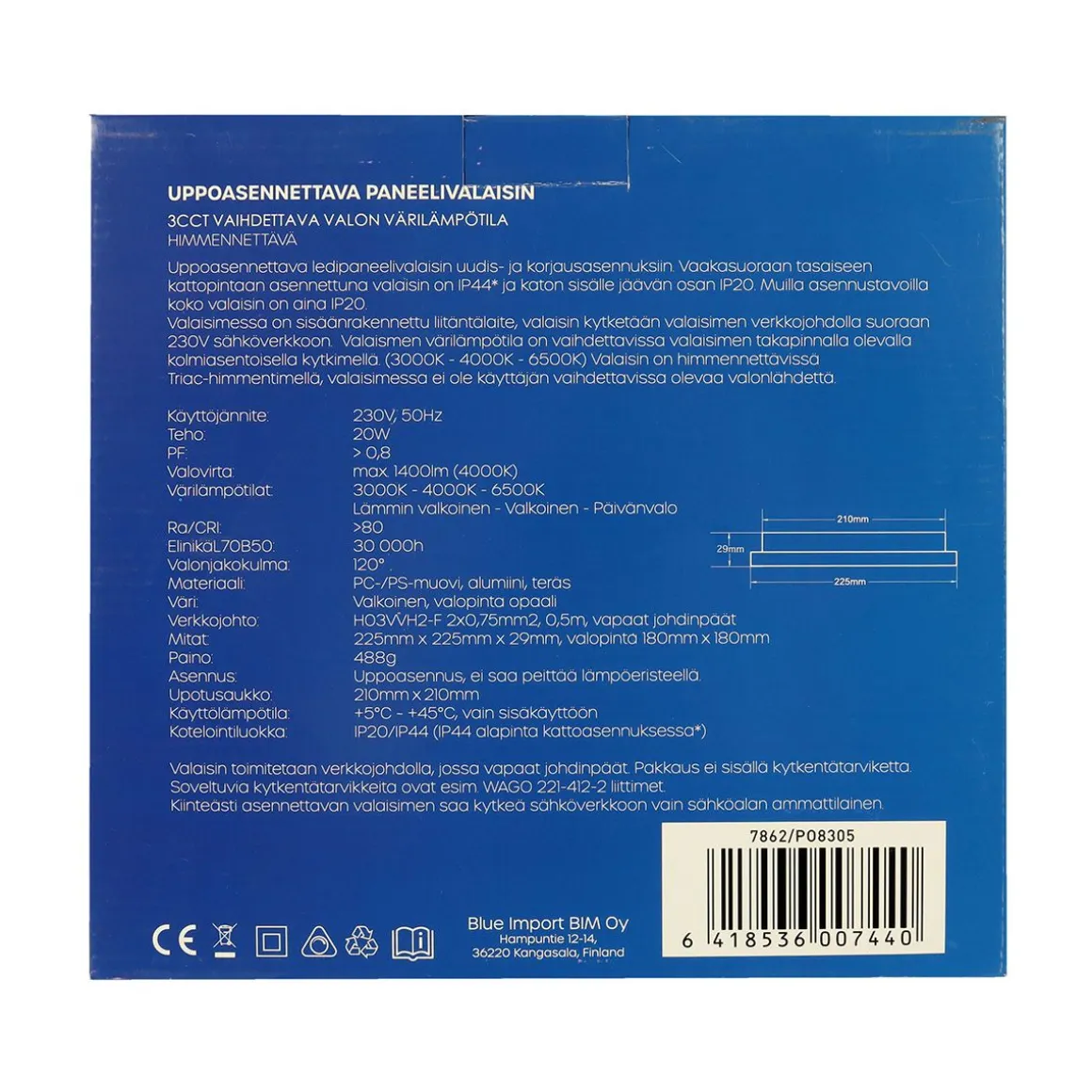 LED ENERGIE PANEELIVALAISIN LED 20W, 1400LM, UPPO, 3CCT+HIMMENN