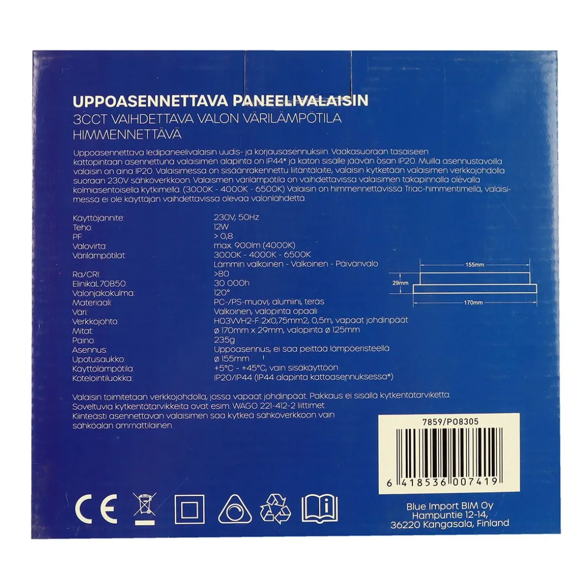 LED ENERGIE PANEELIVALAISIN LED 12W, 900LM, UPPO, 3CCT+HIMMENNE
