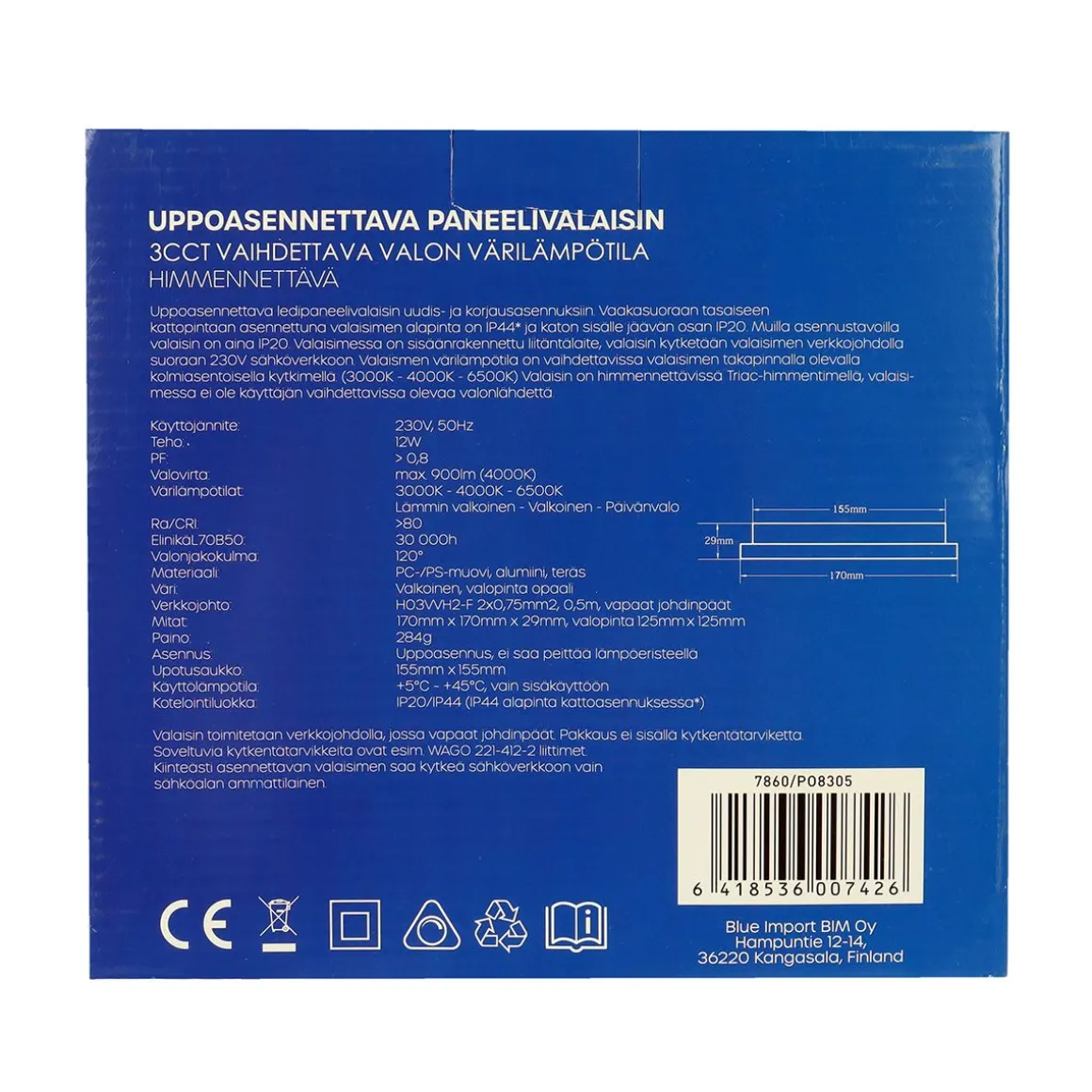 LED ENERGIE PANEELIVALAISIN LED 12W, 900LM, UPPO, 3CCT+HIMMENNE