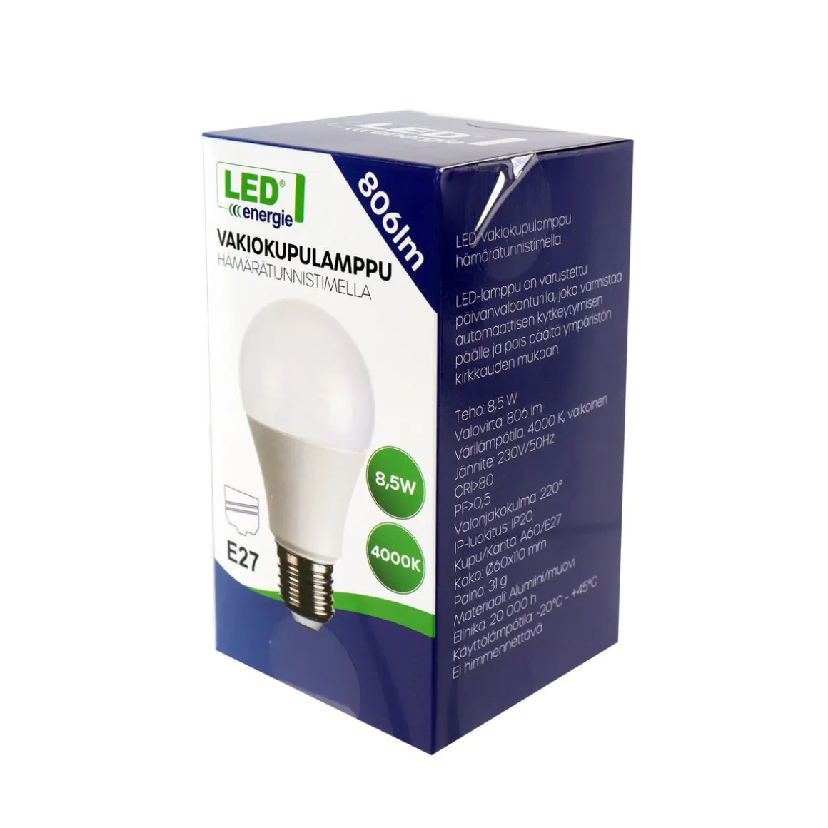 LED ENERGIE VAKIOKUPULAMPPU E27 HÄMÄRÄTUNNISTIN E27 A60 806LM 8,5W 4000K