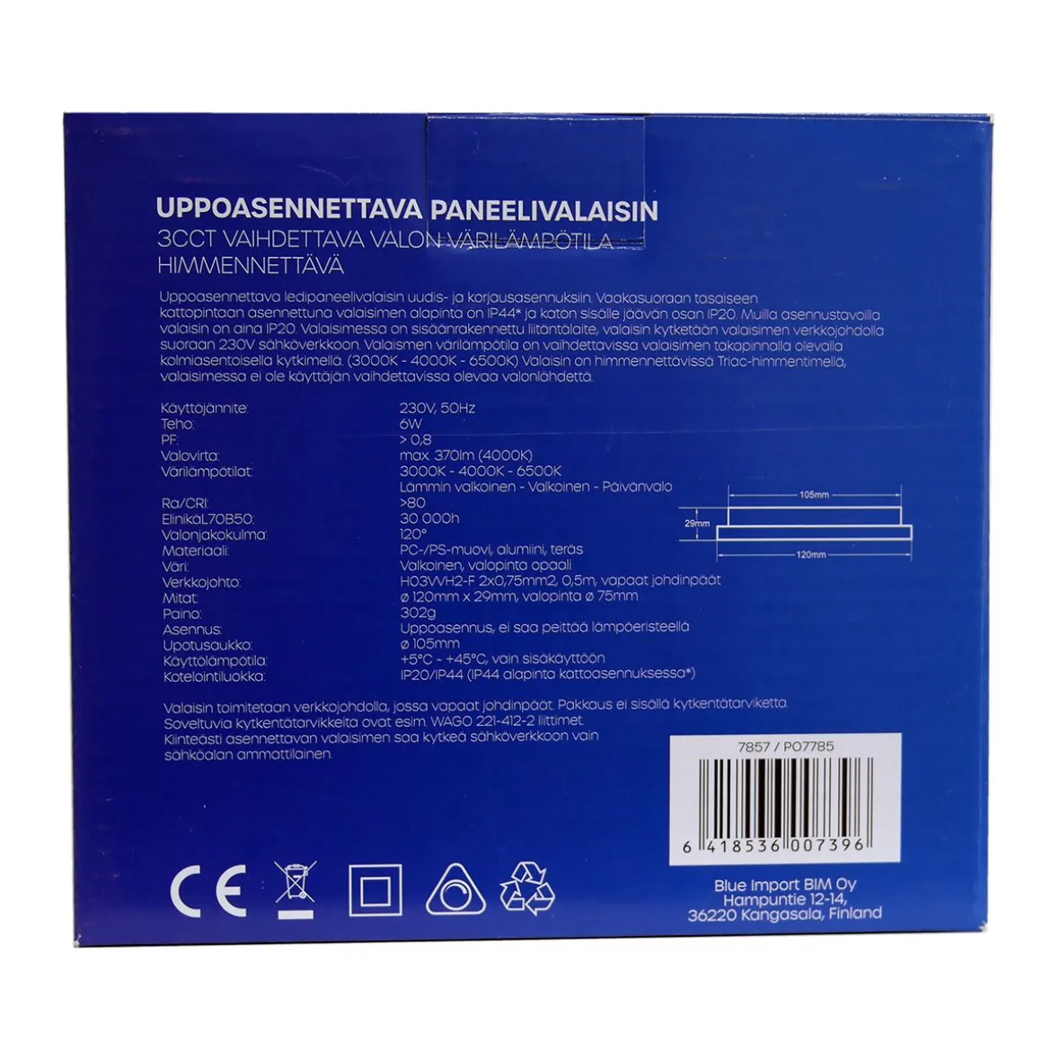 LED ENERGIE PANEELIVALAISIN LED 6W, 370LM, UPPO, 3CCT+HIMMENNET