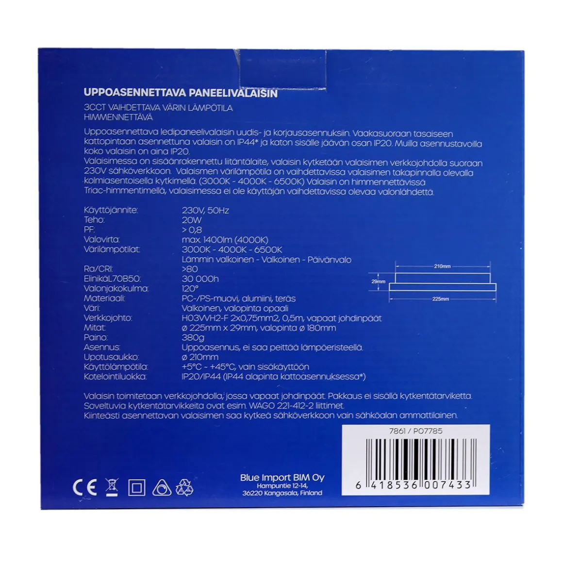LED ENERGIE PANEELIVALAISIN LED 20W, 1400LM, UPPO, 3CCT+HIMMENN