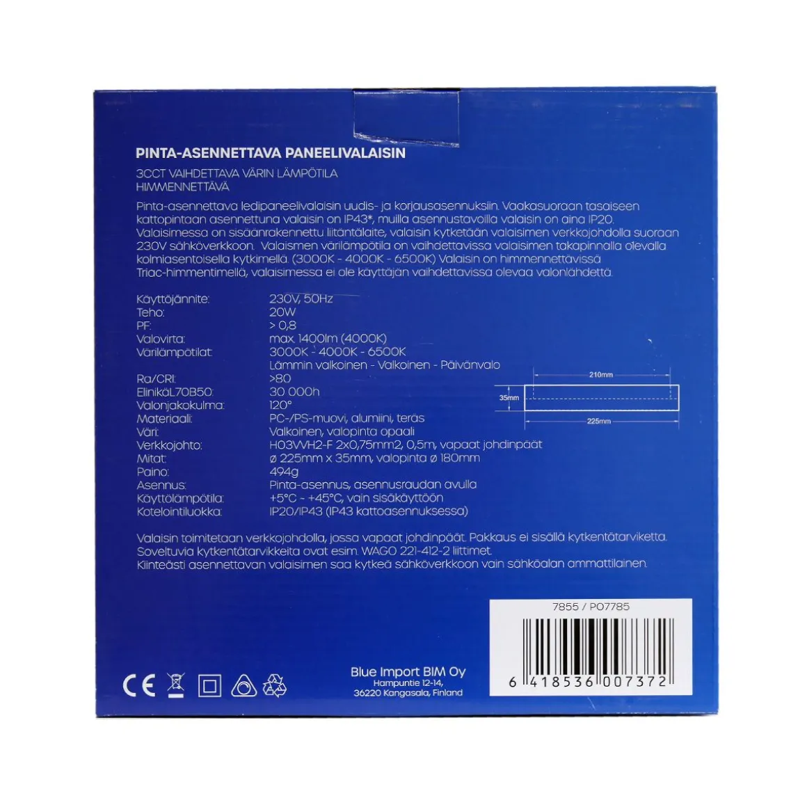 LED ENERGIE PANEELIVALAISIN LED 20W, 1400LM, PINTA, 3CCT+HIMMEN