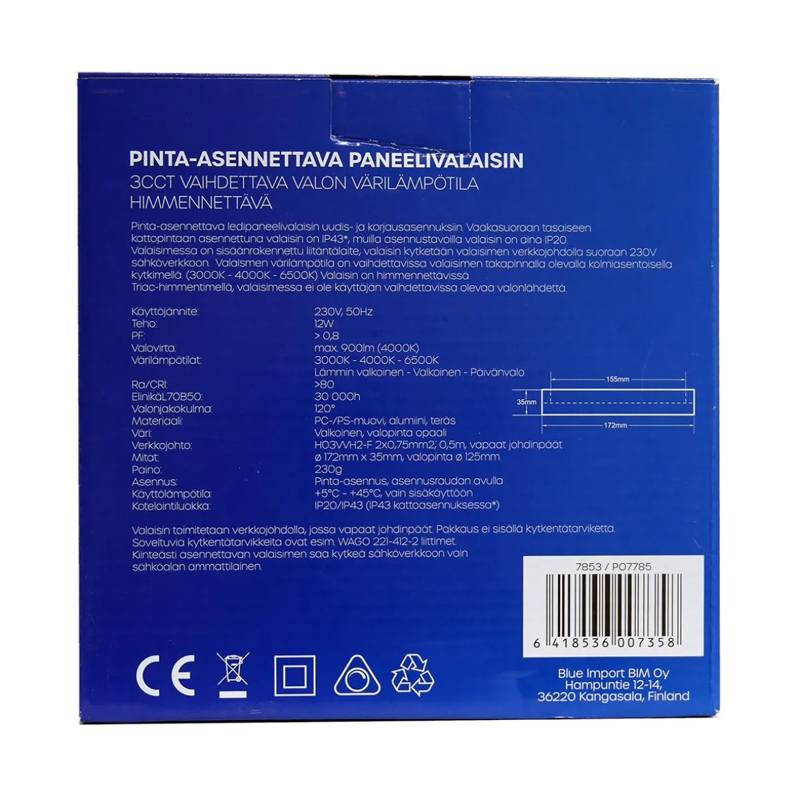 LED ENERGIE PANEELIVALAISIN LED 12W, 900LM, PINTA, 3CCT+HIMMENN