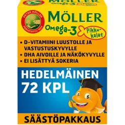 MÖLLER OMEGA-3 PIKKUKALAT JÄTTIPAKKAUS HEDELMÄNMAK. 72 KPL
