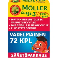 MÖLLER OMEGA-3 PIKKUKALAT SÄÄSTÖPAKKAUS VADELMAINEN 72 KPL