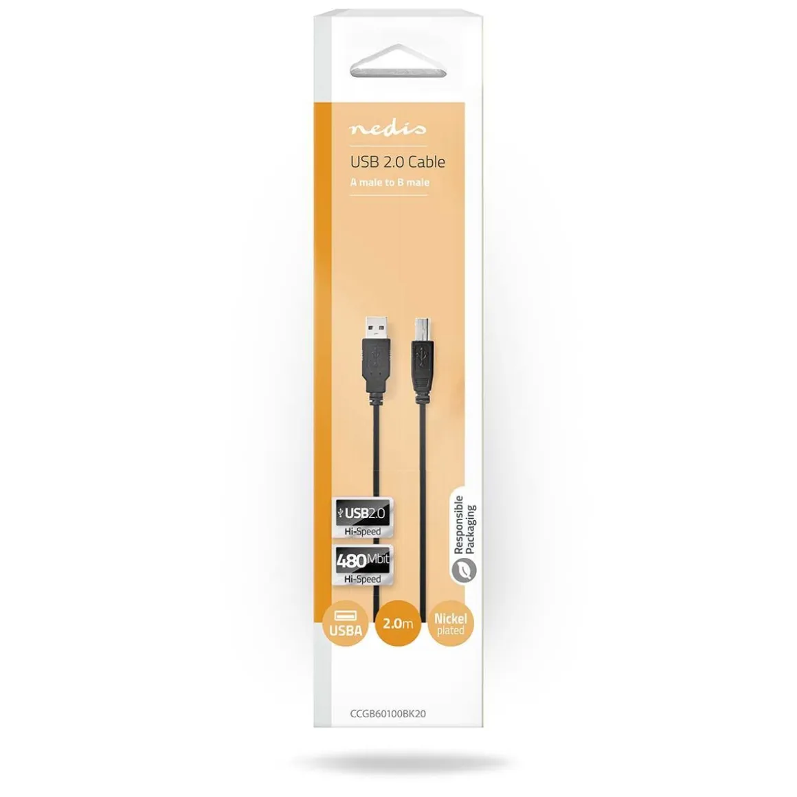 NEDIS USB 2.0 KAAPELI USB A UROS - USB-B MALE PYÖREÄ 2 M MUSTA