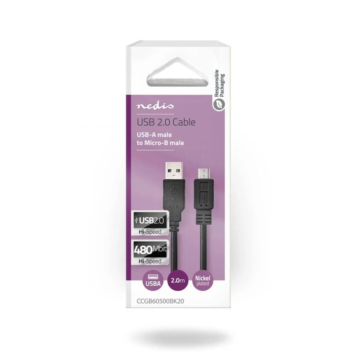 NEDIS USB 2.0 KAAPELI USB A UROS - MICRO B-UROS PYÖREÄ 2 M MUST