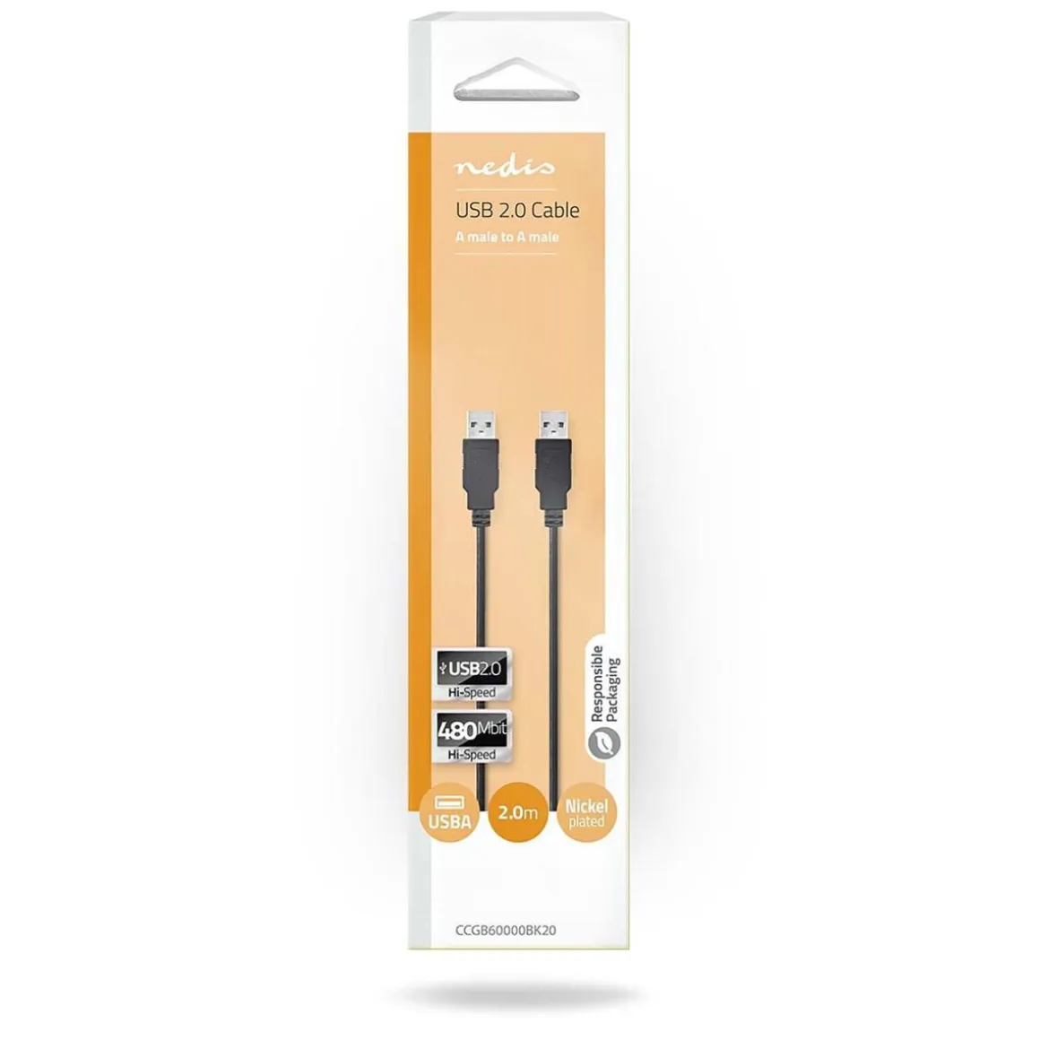 NEDIS USB 2.0 KAAPELI USB A UROS - USB A UROS PYÖREÄ 2 M MUSTA