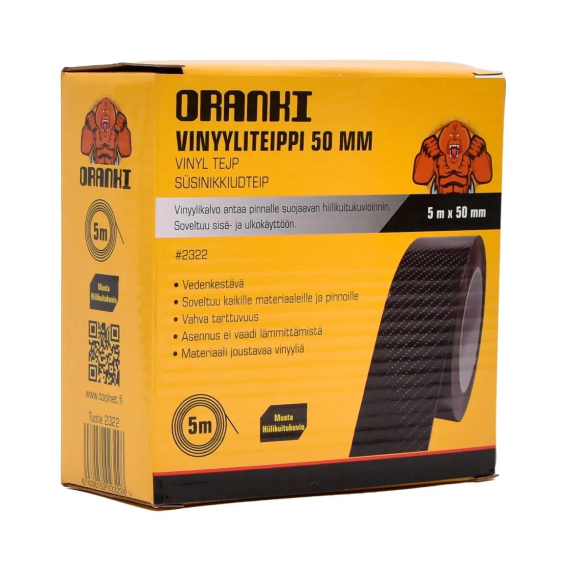 ORANKI HIILIKUITUKUVIOITU VINYYLITEIPPI 50 MM X 5 M MUSTA