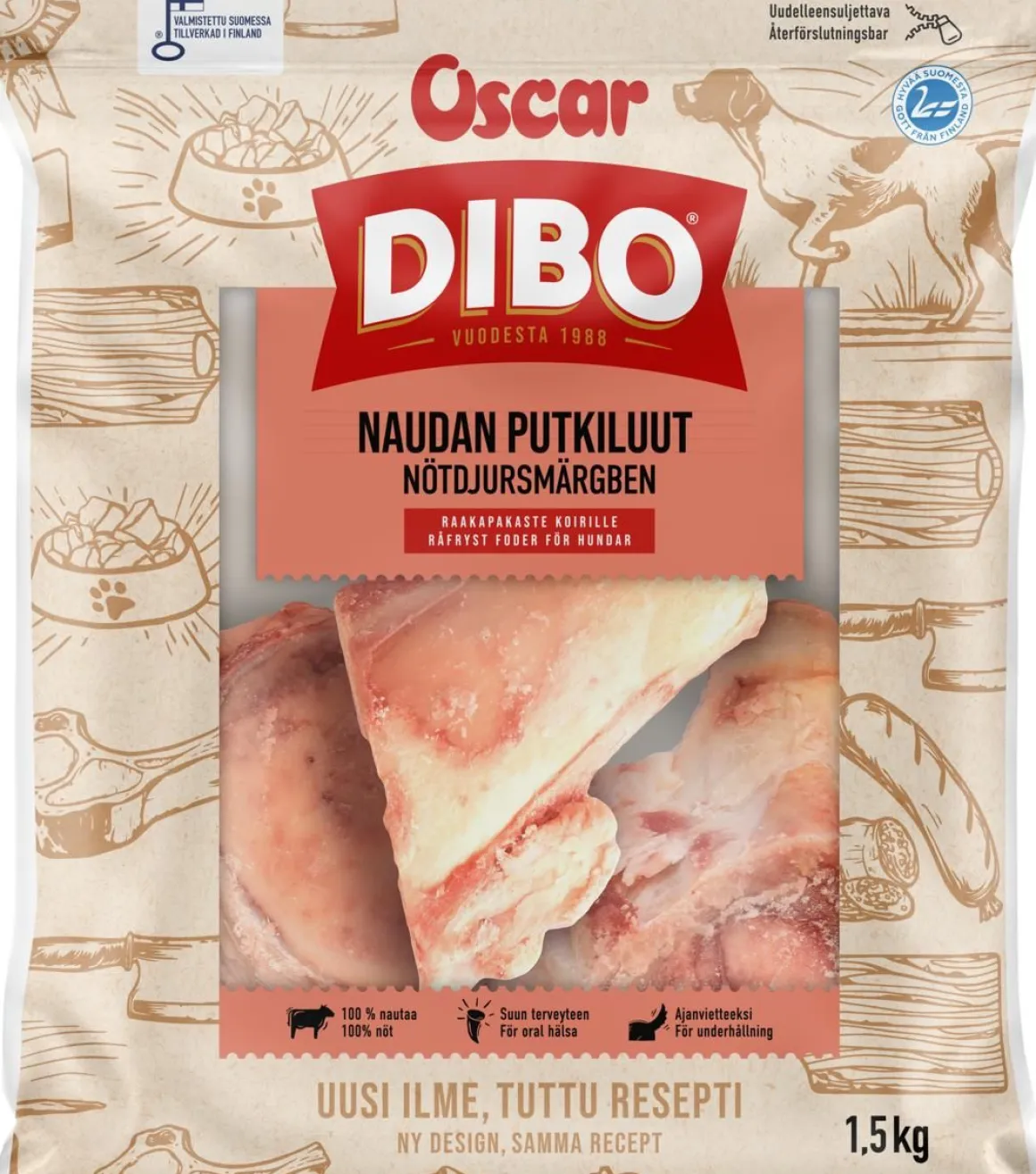 OSCAR DIBO NAUDAN PUTKILUU KOIRALLE PAKASTE 1,5 KG
