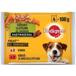 PEDIGREE ADULT KASTIKELAJ. 4X100G KANA-KASVIS/HÄRKÄ-MAKSA 400 G