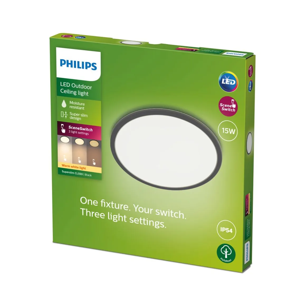 PHILIPS KATTOVALAISIN 24,5 CM 15W 27K IP54 MUSTA PYÖREÄ