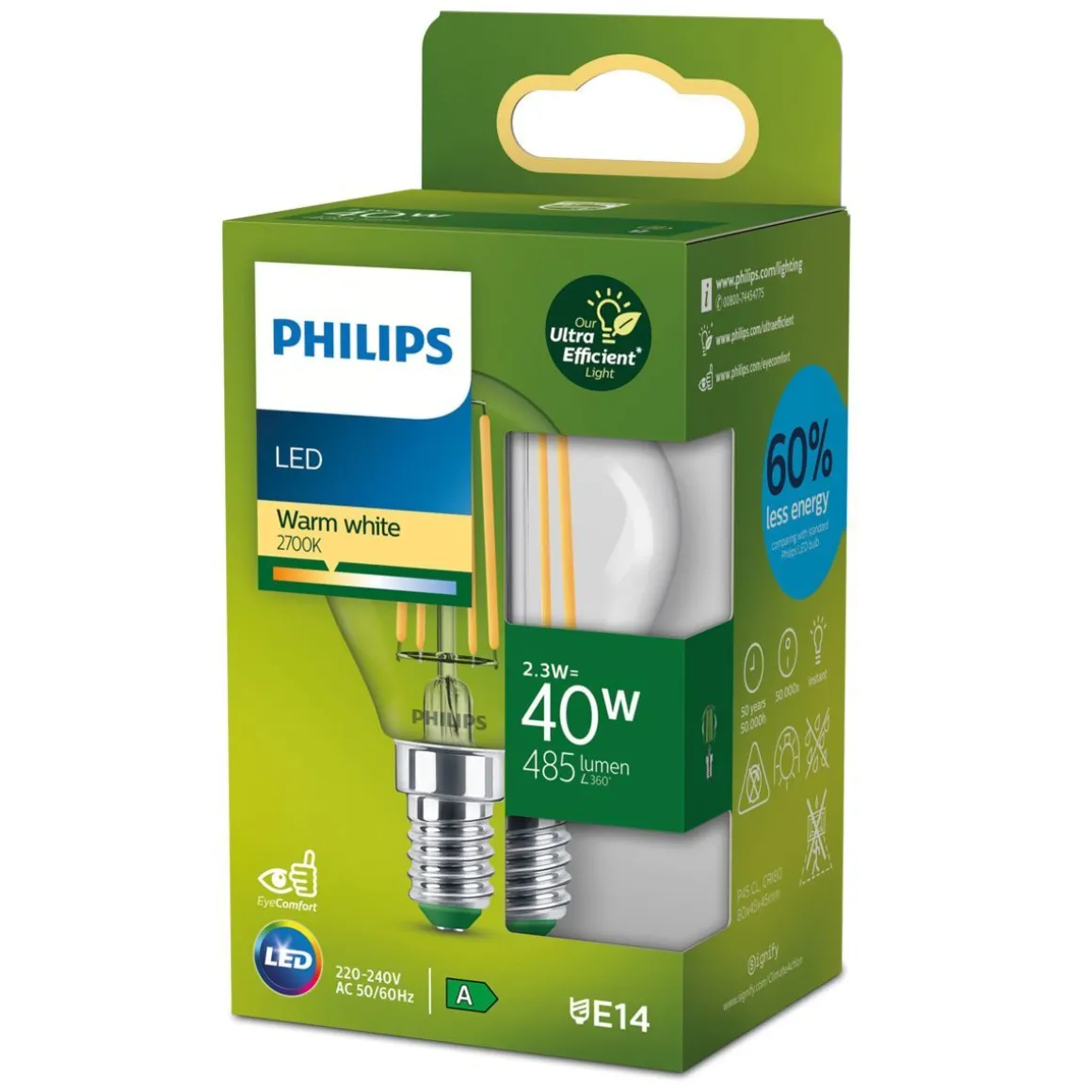 PHILIPS LED LAMPPU ULTRA EFFICIENT 2,3W E14 485LM 2700K