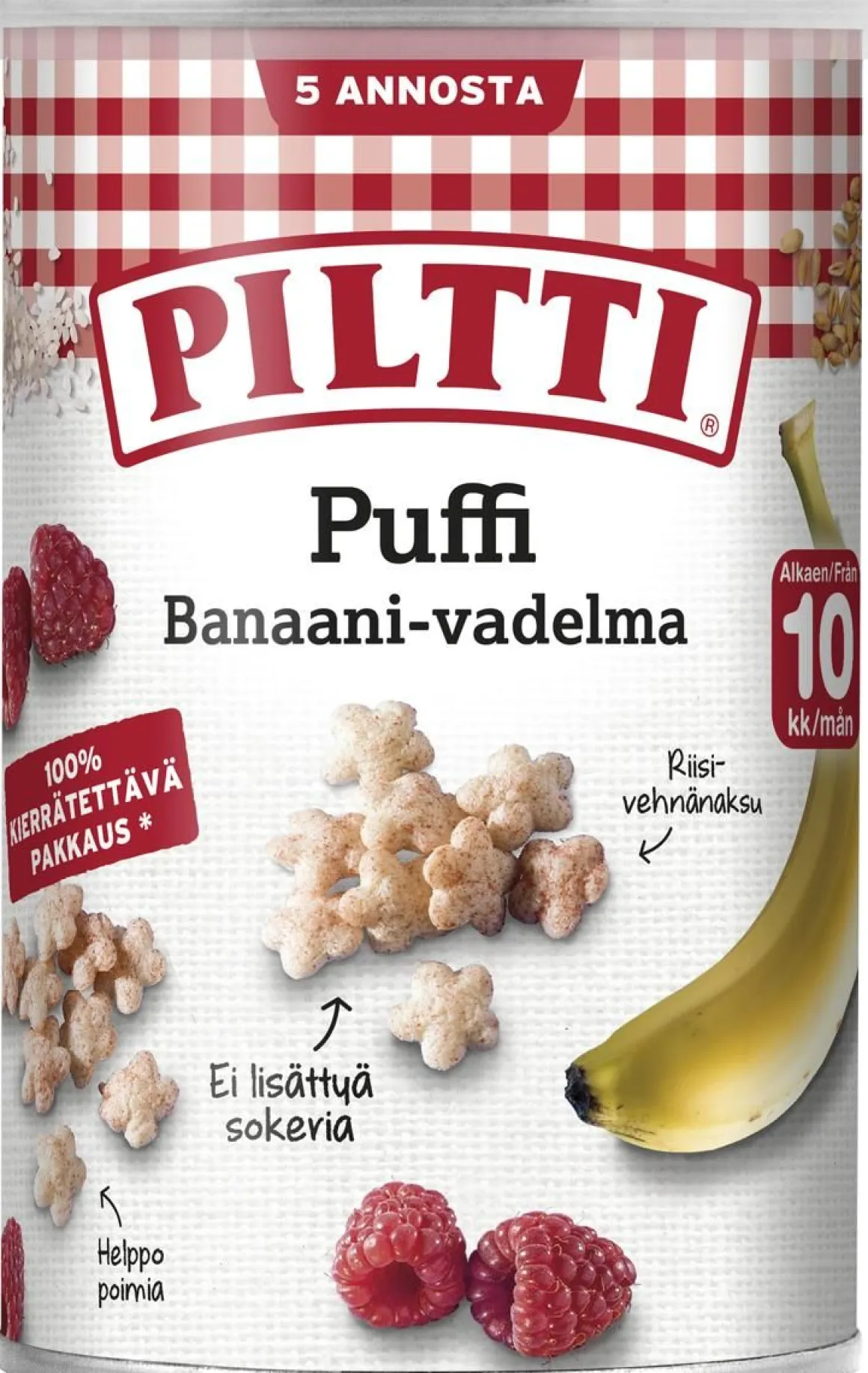 PILTTI PUFFI BANAANIN JA VADELMAN MAKUISIA RIISI- JA VEHNÄNAKSU 35 G