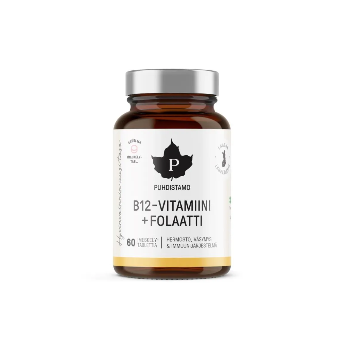 PUHDISTAMO B12-VITAMIINI + FOLAATTI, VADELMA 60 KPL