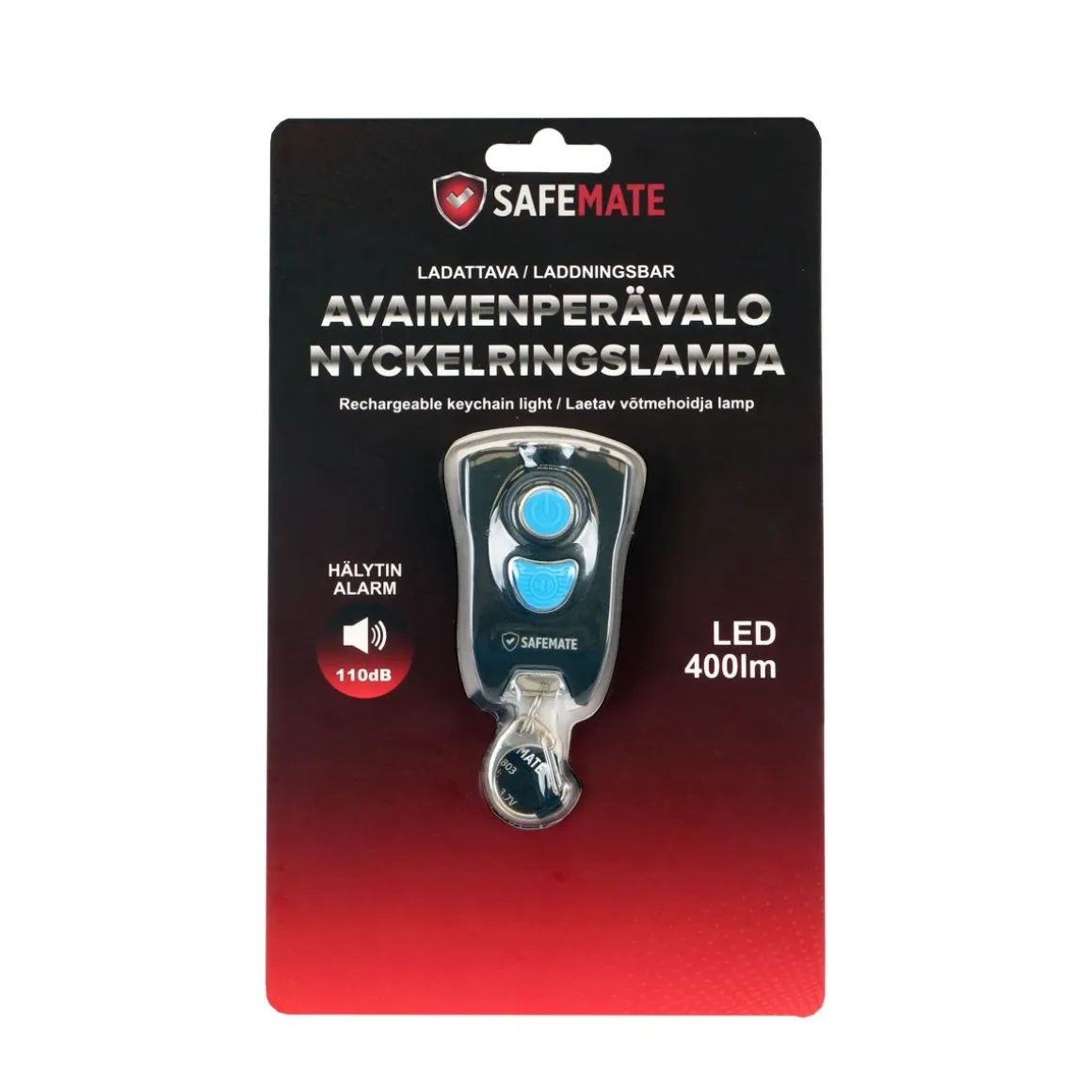 SAFEMATE AVAIMENPERÄVALO LADATTAVA 400LM +HÄLYTIN, MUSTA