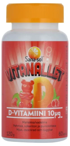 SANA-SOL VITANALLET D-VITAMIINI MANSIKKA-VADELMA 60 KPL