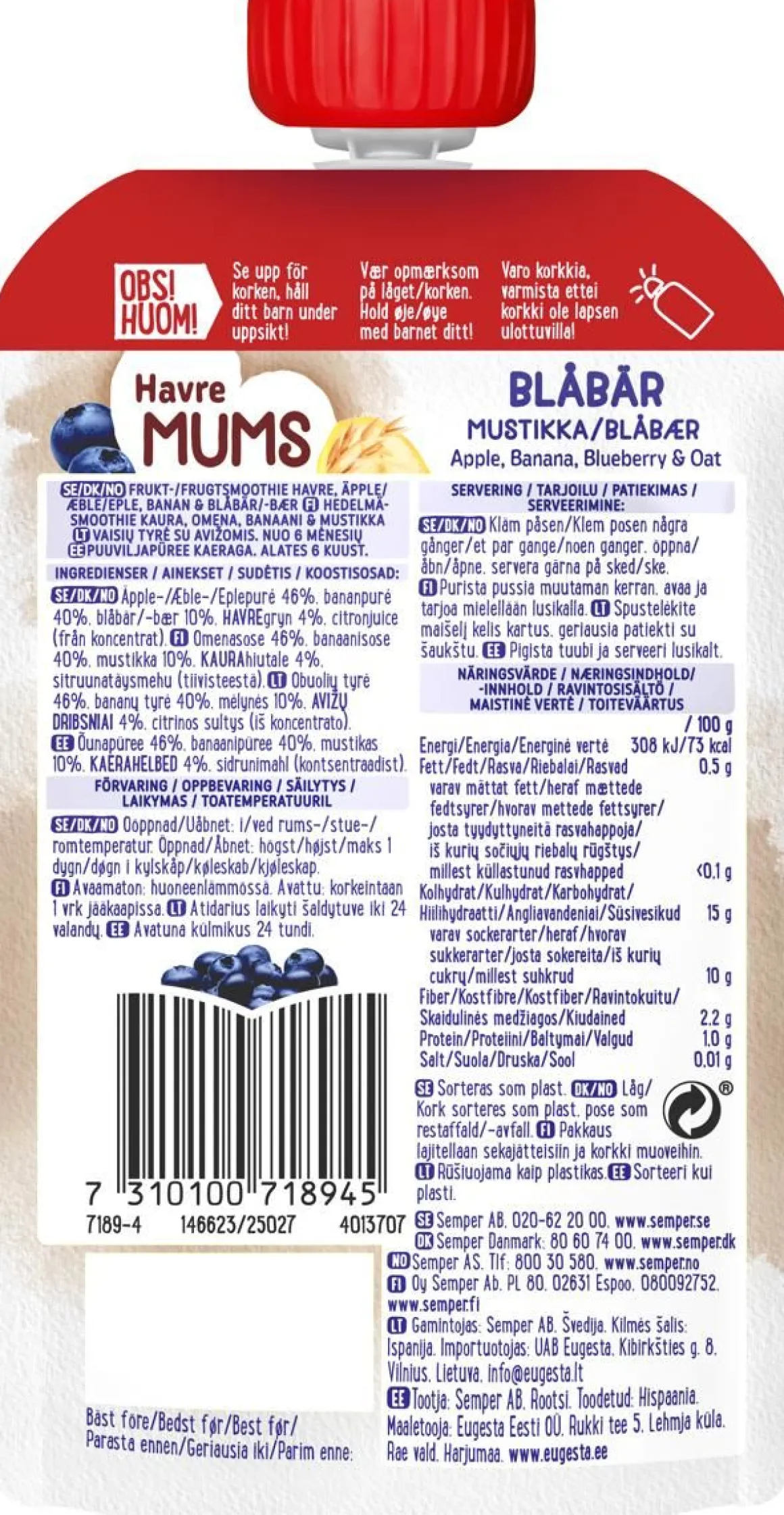 SEMPER FRUKTMUMS MUSTIKKA & KAURA 110 G