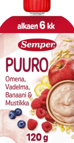 SEMPER PUURO OMENA-VADELMA- BANAANI-MUSTIKKA 6+ 120 G